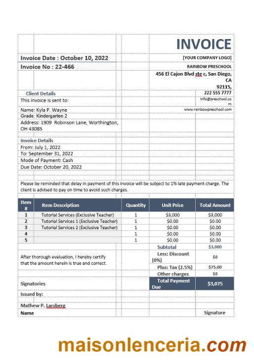Szablon faktury nauczyciela szkolnego w formatach Word i PDF